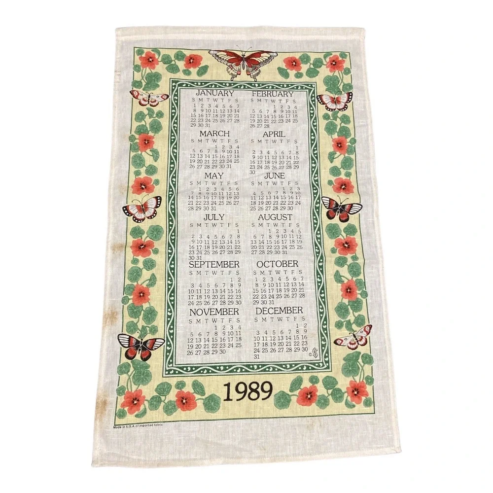 Vintage 1989 Calendar Tea Towel Linen Red Floral Butterfly Cottagecore Retro USA